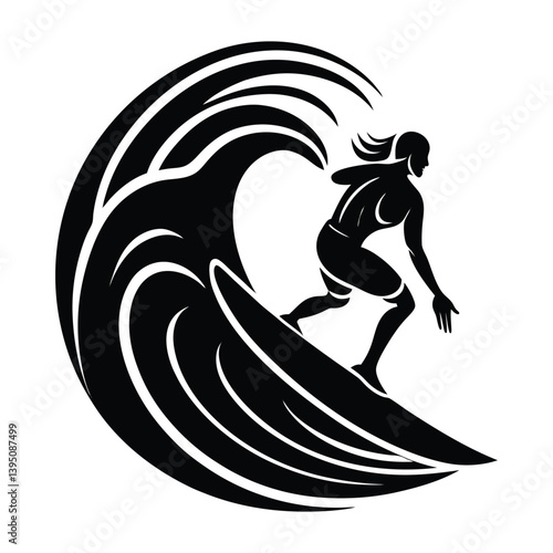 Surfer riding stylized wave on white background
