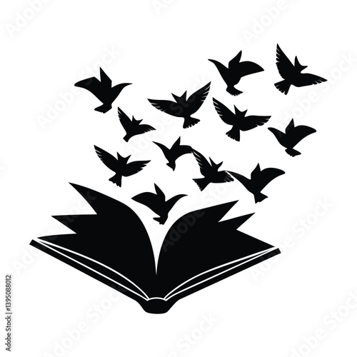 Open book turning into birds on white background