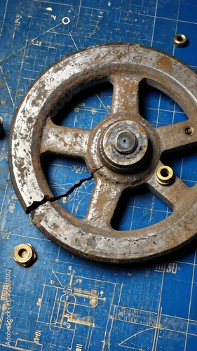Rusty metal wheel with cracks on blue engineering blueprint featuring mechanical components and tools