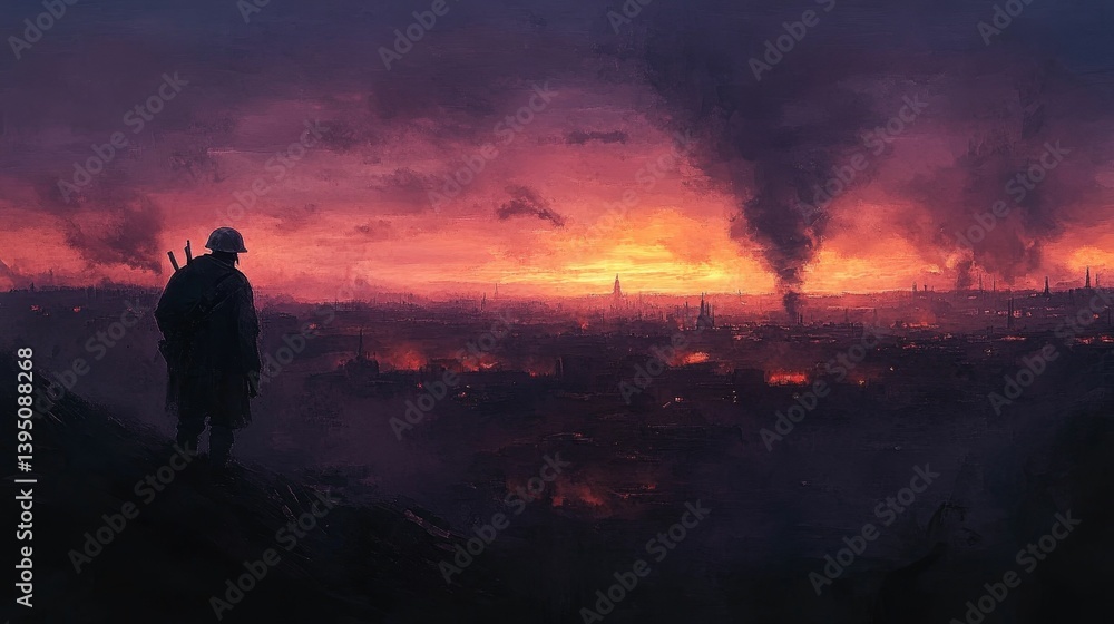 Obraz premium Person stands overlooking a city with a dramatic sunset and