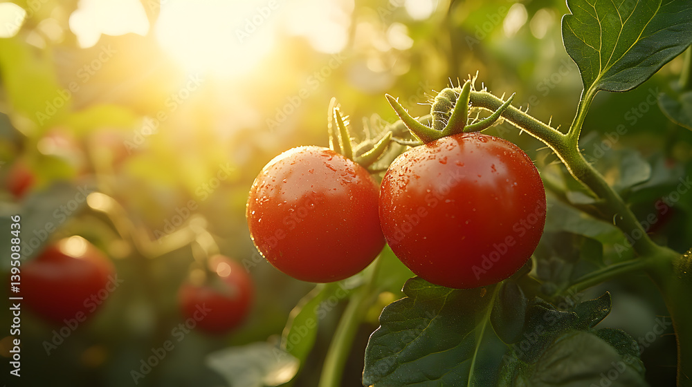 Photography of a pair of bright cherry tomatoes clinging to the vine, their glossy red skins glowing in the soft garden light.