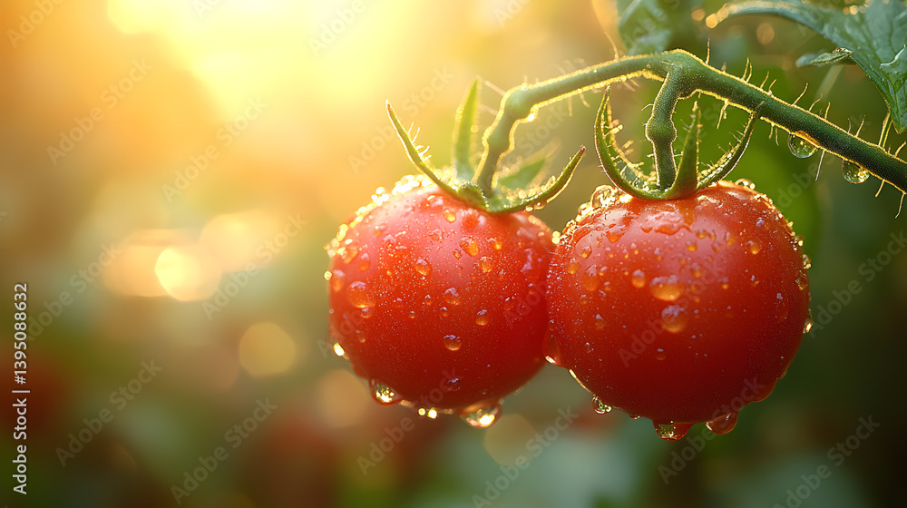 Photography of a pair of bright cherry tomatoes clinging to the vine, their glossy red skins glowing in the soft garden light.