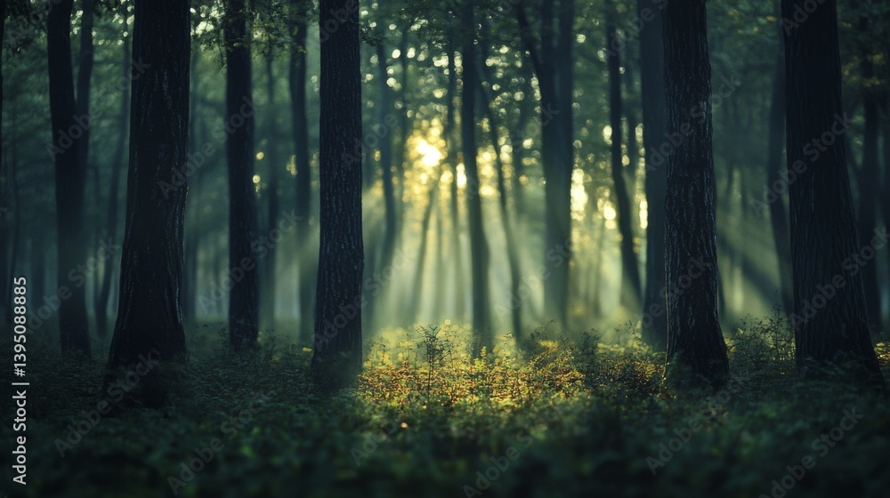 Fototapeta premium Sunlight filters through dense trees, illuminating the forest floor in a peaceful, ethereal glow, creating a tranquil woodland scene.