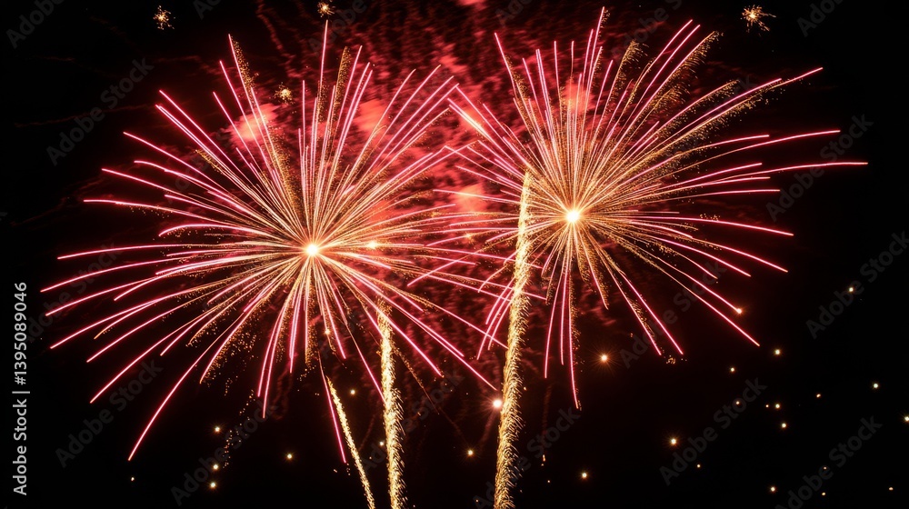 A dazzling display of red fireworks lights up the night sky, sparking joy and celebration. A dazzling display of red fireworks lights up the night sky, sparking joy and celebration.
