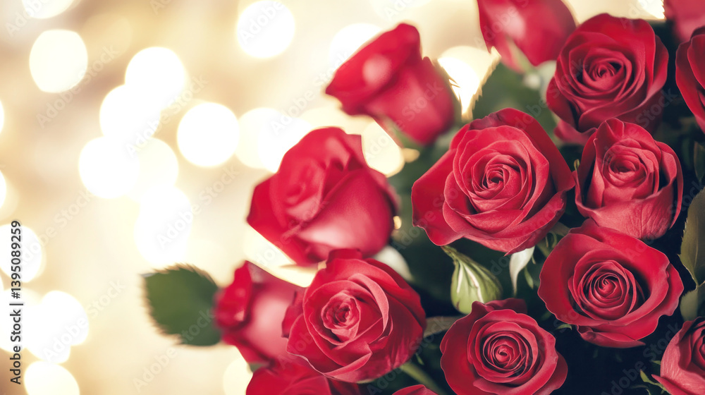 Close up of beautiful red roses bouquet with romantic glowing lights for floral decoration or valentine's day gift inspiration Close up of beautiful red roses bouquet with romantic glowing lights for floral decoration or valentine's day gift inspiration