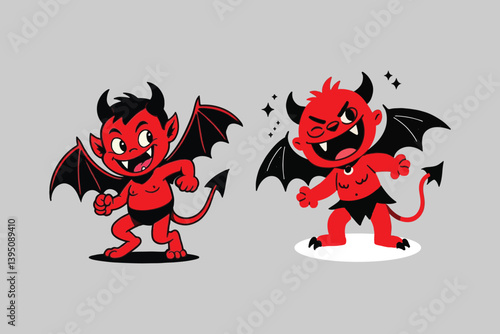 Cute Cartoon Devil Character with Horns and Mischievous Grin