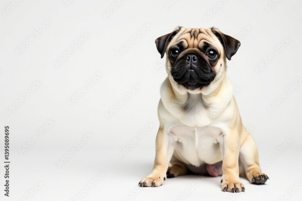 Fototapeta premium Adorable pug dog sits alone against a pure white background , adorable pug, closeup