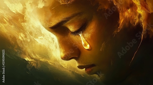 Woman with closed eyes and tear on cheek with golden