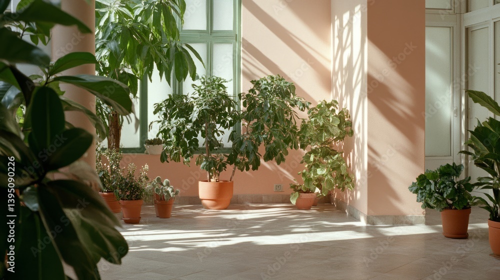 Fototapeta premium A bright sunlit room filled with vibrant potted plants, casting playful shadows on soft pink walls.