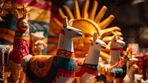 Inti raymi festival cusco peru llama souvenirs and sun god art