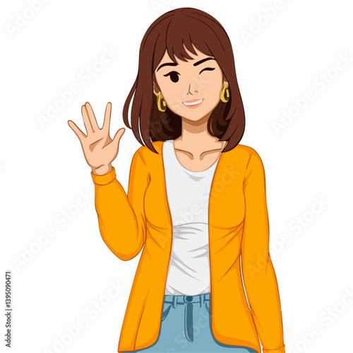 Illustration of young woman waving hand