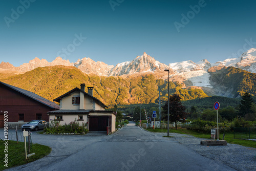 Mont Blanc massif with chalet by railway in Lac des Gaillands at France