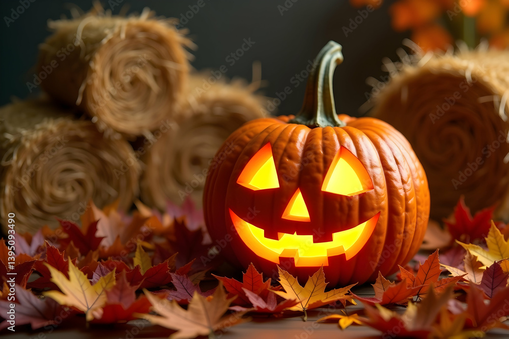 Glowing Jack-o'-Lantern Amidst Autumn Leaves and Rustic Hay Bales, A Captivating Halloween Still Life Scene Showcasing the Festive Spirit of the Season Glowing Jack-o'-Lantern Amidst Autumn Leaves and Rustic Hay Bales, A Captivating Halloween Still Life Scene Showcasing the Festive Spirit of the Season