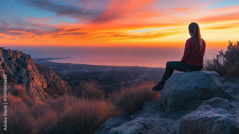 A woman contemplates a scenic sunset view from mountain top A woman contemplates a scenic sunset view from mountain top
