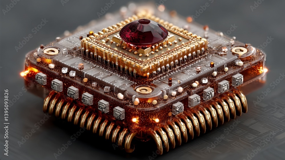 Close up of a detailed, technologically advanced microchip with a central ruby gemstone, showcasing intricate gold and bronze circuitry and glowing accents against a dark background. Close up of a detailed, technologically advanced microchip with a central ruby gemstone, showcasing intricate gold and bronze circuitry and glowing accents against a dark background.