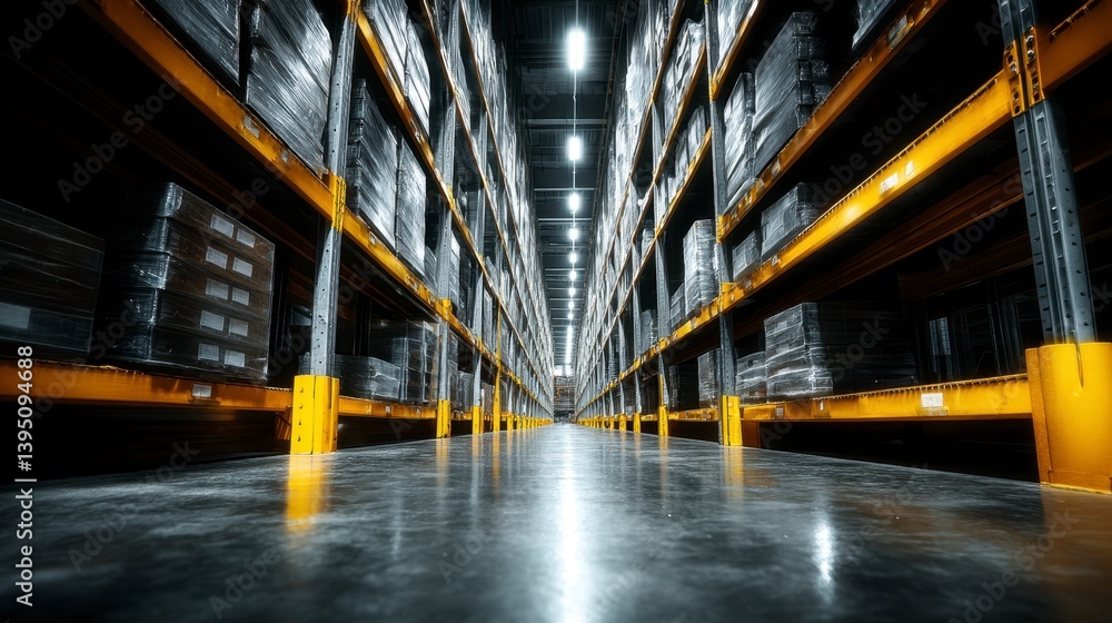 Long aisle of warehouse with yellow and gray metal shelving units, filled with stacked boxes under bright lights. Long aisle of warehouse with yellow and gray metal shelving units, filled with stacked boxes under bright lights.
