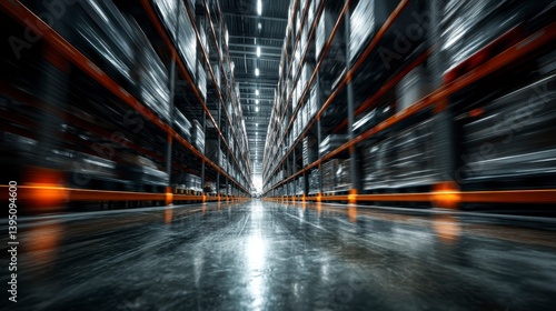 Long warehouse aisle with high metal shelves, motion blur, reflective floor, and warm lighting.