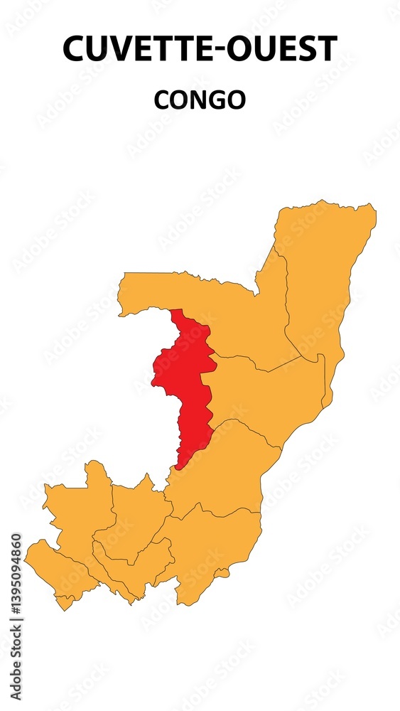 Obraz premium Cuvette-Ouest Map is highlighted on the Congo with detailed state and region outlines.