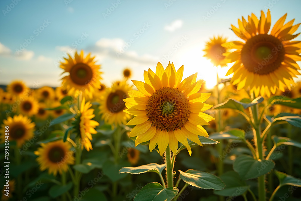 Fototapeta premium Golden Sunflower Meadow, A Stunning Vista of Tall, Bright Yellow Sunflowers Under a Clear Blue Sky Bathed in Warm Sunlight, Evoking Joy and Serenity