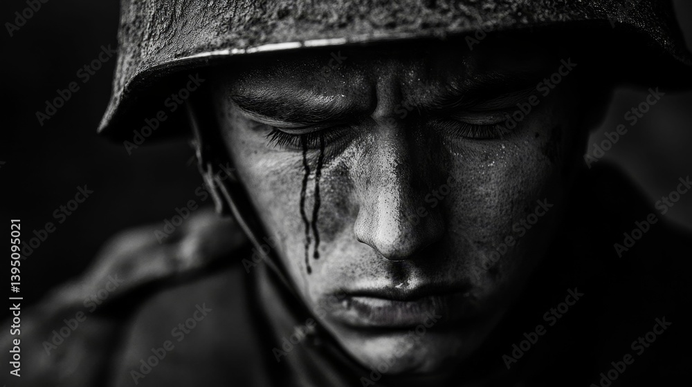 Soldier in helmet with tears on face in black and Soldier in helmet with tears on face in black and