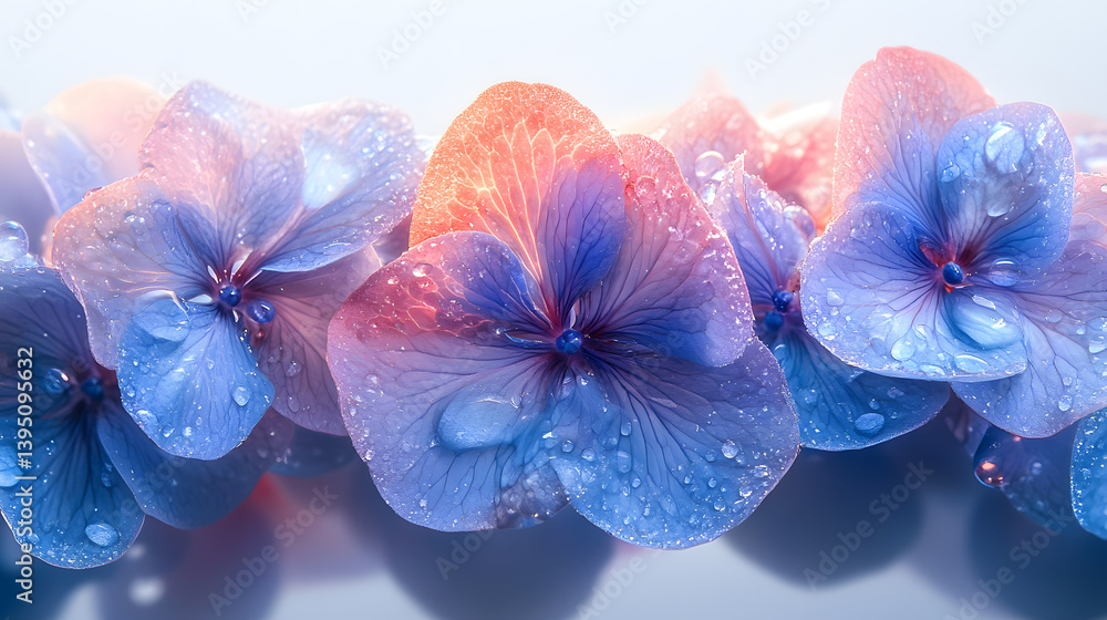 A highly detailed photography of a hydrangea bloom, its individual petals forming a dense cluster of pastel blue and purple tones.