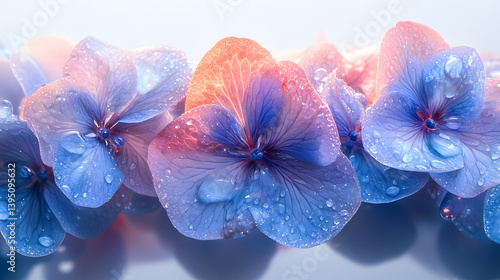A highly detailed photography of a hydrangea bloom, its individual petals forming a dense cluster of pastel blue and purple tones.