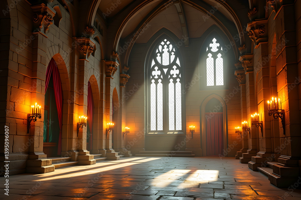 Grandiose Medieval Castle Interior with Soaring Stone Arches, Illuminated by Sunlight Through Stained Glass Windows, Evoking History and Majesty Grandiose Medieval Castle Interior with Soaring Stone Arches, Illuminated by Sunlight Through Stained Glass Windows, Evoking History and Majesty