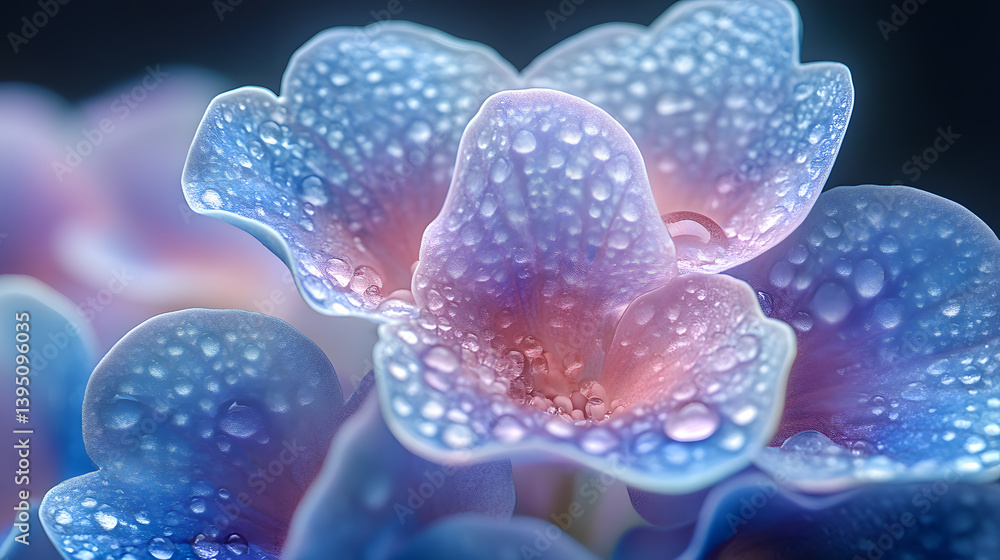 A highly detailed photography of a hydrangea bloom, its individual petals forming a dense cluster of pastel blue and purple tones.