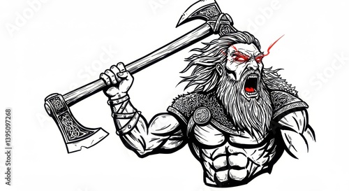 Stylized Viking Berserker Emblem with Glowing Eyes Roaring and Holding a Two-Handed Axe