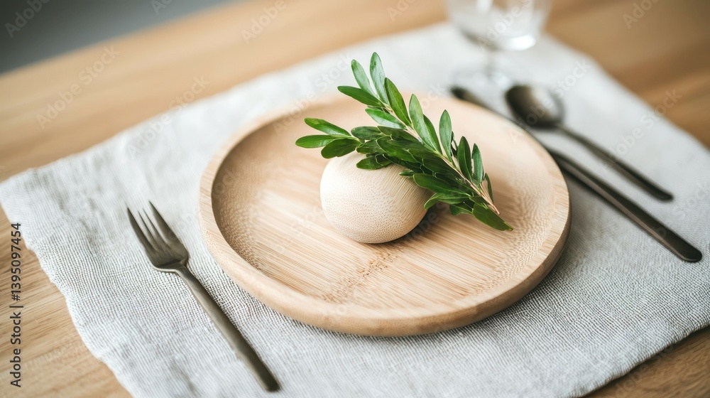 A minimalist dining setup featuring a wooden plate with a round food item and a sprig of greenery, elegantly presented on a textured placemat. A minimalist dining setup featuring a wooden plate with a round food item and a sprig of greenery, elegantly presented on a textured placemat.