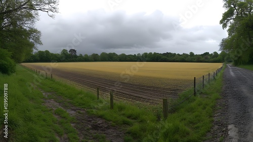Serene Countryside Landscape,  Farmland and Dirt Road
