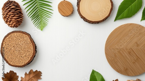 Wallpaper Mural Various natural elements like wood slices, leaves, and a pine cone arranged on a light wooden surface, emphasizing a rustic, nature-inspired aesthetic. Torontodigital.ca