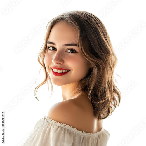 A Woman with a Coy Smile Looking Over Her Shoulder Isolated on Transparent Background