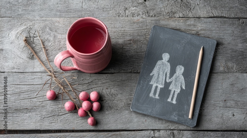 Rustic flat lay with chalk drawing of mother and daughter, pink cup and berries for parenting concepts and emotional campaigns