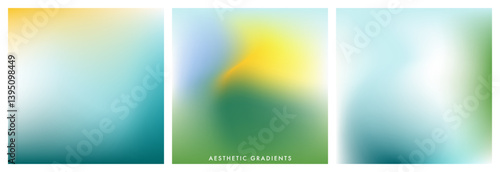 Light blue and green pastel color gradient background. Abstract spring season blurry vector texture. Nature gradation pattern. Aesthetic bg. Vector soft square backdrop set for poster, cover, header