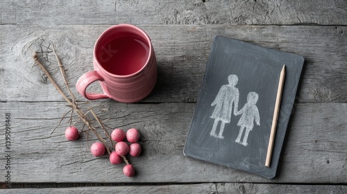Obraz na płótnie Rustic flat lay with chalk drawing of mother and daughter, pink cup and berries for parenting concepts and emotional campaigns w salonie