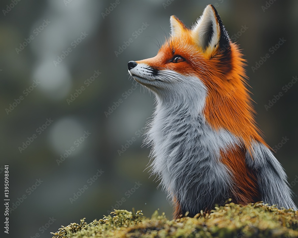 Naklejka premium A curious red fox standing in a mossy forest setting