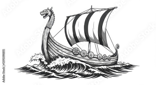 Viking Longship with Dragon-Headed Prow Navigating Stormy Waves