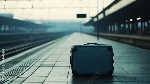 An abandoned suitcase rests on an empty train platform, hinting at untold stories and missed connections in a tranquil, wistful scene.