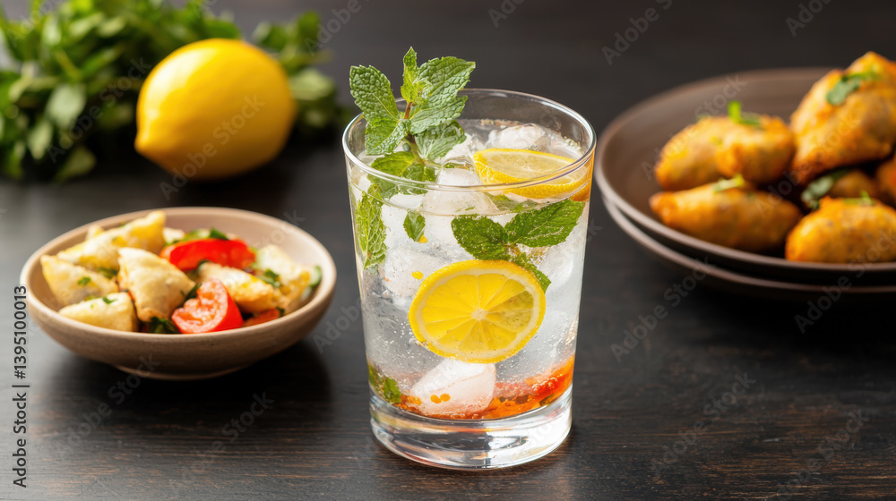 Nimbu Pani with Ice, Mint, and Lemon Beside Classic Indian Snacks.. Nimbu Pani with Ice, Mint, and Lemon Beside Classic Indian Snacks..