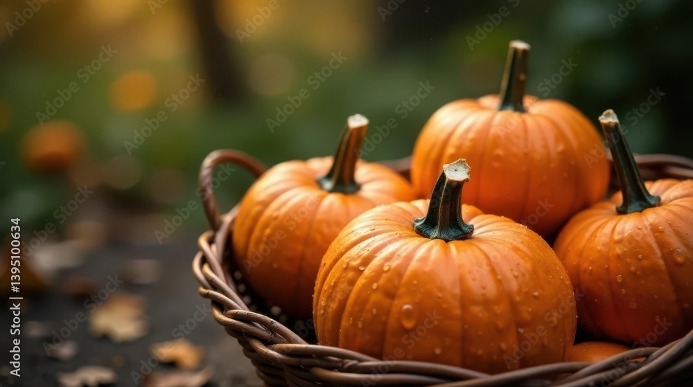 Autumn harvest bounty a wicker basket overflowing with vibrant, dew-kissed pumpkins, nestled amongst fallen leaves in a sun-dappled woodland setting. Autumn harvest bounty a wicker basket overflowing with vibrant, dew-kissed pumpkins, nestled amongst fallen leaves in a sun-dappled woodland setting.