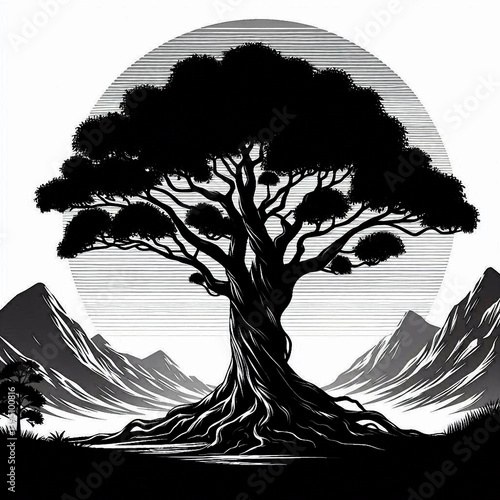 silhouette of banyan tree
