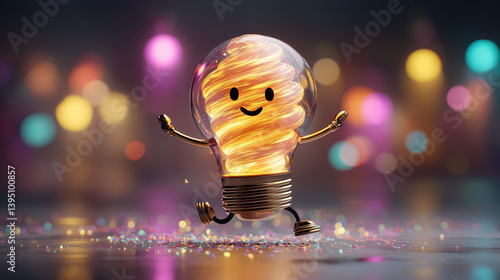 A cheerful lightbulb character with a swirling glow, playfully dancing amidst a colorful, sparkling background.