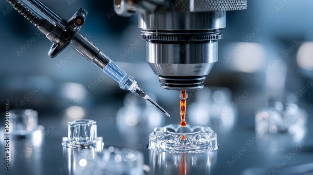 Close up view of a precision dispensing process using a syringe and a robotic arm. A small, transparent object is being filled with a viscous amber liquid. Close up view of a precision dispensing process using a syringe and a robotic arm. A small, transparent object is being filled with a viscous amber liquid.
