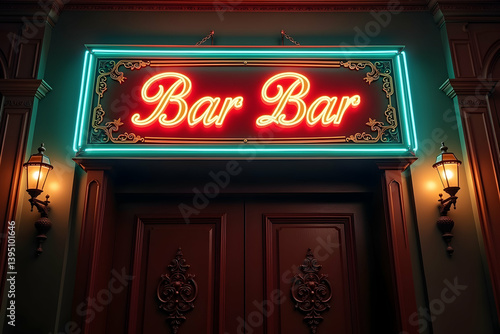 Wallpaper Mural Illuminated Neon Sign Mockup Displaying a Classic Establishment Entrance with Ornate Details and Warm Lighting for Vintage Advertisement Torontodigital.ca