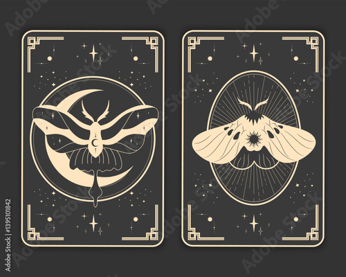 Pair of esoteric Tarot card reverse sides with butterflies and celestial elements. Tarot card border template design. Vector illustration