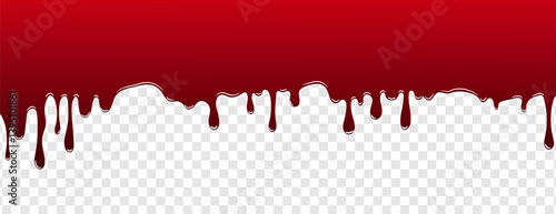 Flowing dripping blood on transparent background. Flowing blood stains, splash splatter. Vector illustration