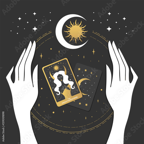 Woman hands and tarot cards divination. Fortune telling with Tarot symbolism. Major Arcana High Priestess. Mystery, astrology, esoteric