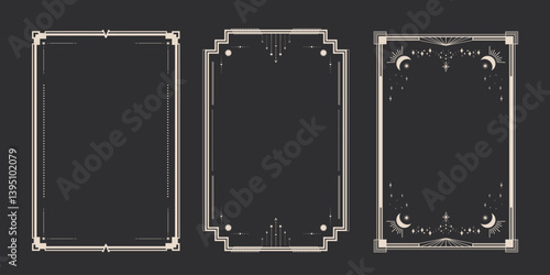 Tarot card border templates. Celestial esoteric decorative frames with space elements. Vector illustration