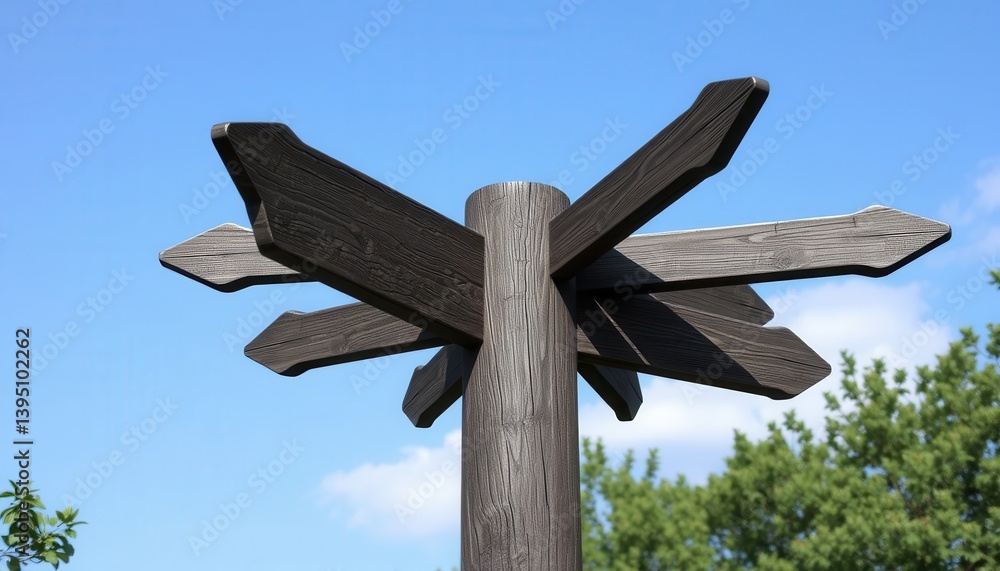 Dark Brown Wooden Signpost with Multiple Arrows Pointing in Different Directions Against a Blue Sky Dark Brown Wooden Signpost with Multiple Arrows Pointing in Different Directions Against a Blue Sky